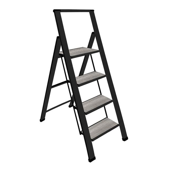 Step Ladder 4 Step Folding, Decorative - Beautiful Gray Wood & Black Aluminum, Ultra Slim Profile, Anti Slip Steps, Sturdy-Portable for Home, Office, Kitchen, Photography Use,by SORFEY