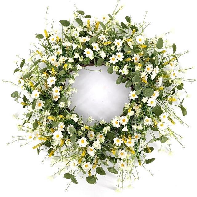 Sggvecsy White Daisy Wreath 24 Inch Spring Summer Wreath Fake Silk Floral Wreath with Green Eucalyptus Leaves and Lavender for Front Door Window Wall Wedding Farmhouse Festival Decor