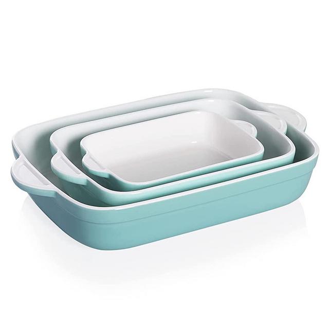 Sweejar Ceramic Baking Dish, Non-Stick Roasting Pan with Handles, Rectangular Lasagna Pan for Cooking, Kitchen, Cake Dinner, Banquet and Daily Use, 13 * 9 Inches, Set of 3 (Turquoise)