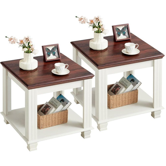 SAVOR LIFE Farmhouse End Tables Set of 2 with 2-Tier Storage Shelf, Large Square Side Table with 4 Solid Wood Square Legs, Small Coffee Table for Living Room, White