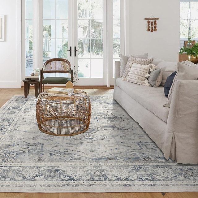 RUGGABLE Washable Vintage Area Rug – Sarrah Blue Quartz 8x10, Stain-Resistant, Non-Slip – Large Machine Washable Rugs for Living Room, Bedroom, Hallway, Entryway & Office–with Cushioned Pad