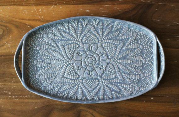 New! Charcoal Pottery Tray - Deep Gray Lace - Ceramic Appetizer Plate - Serving Tray