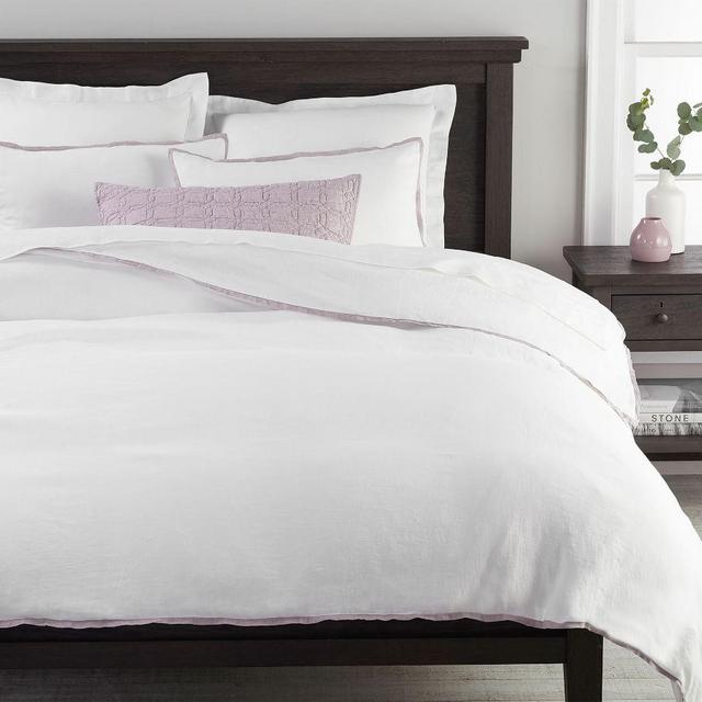 Belgian Flax Linen Contrast Flange Duvet Cover, King,/Cal King, White/Lavender YD