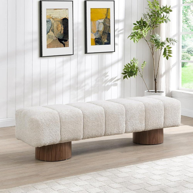 Christopher Knight Home Manila 64" Boucle Dining Bench, Upholstered Ottoman Bench, Rectangular Dining Seat, Spacious Seating, Long Footstool for Living Room Dining Room, No Assembly Needed, Beige