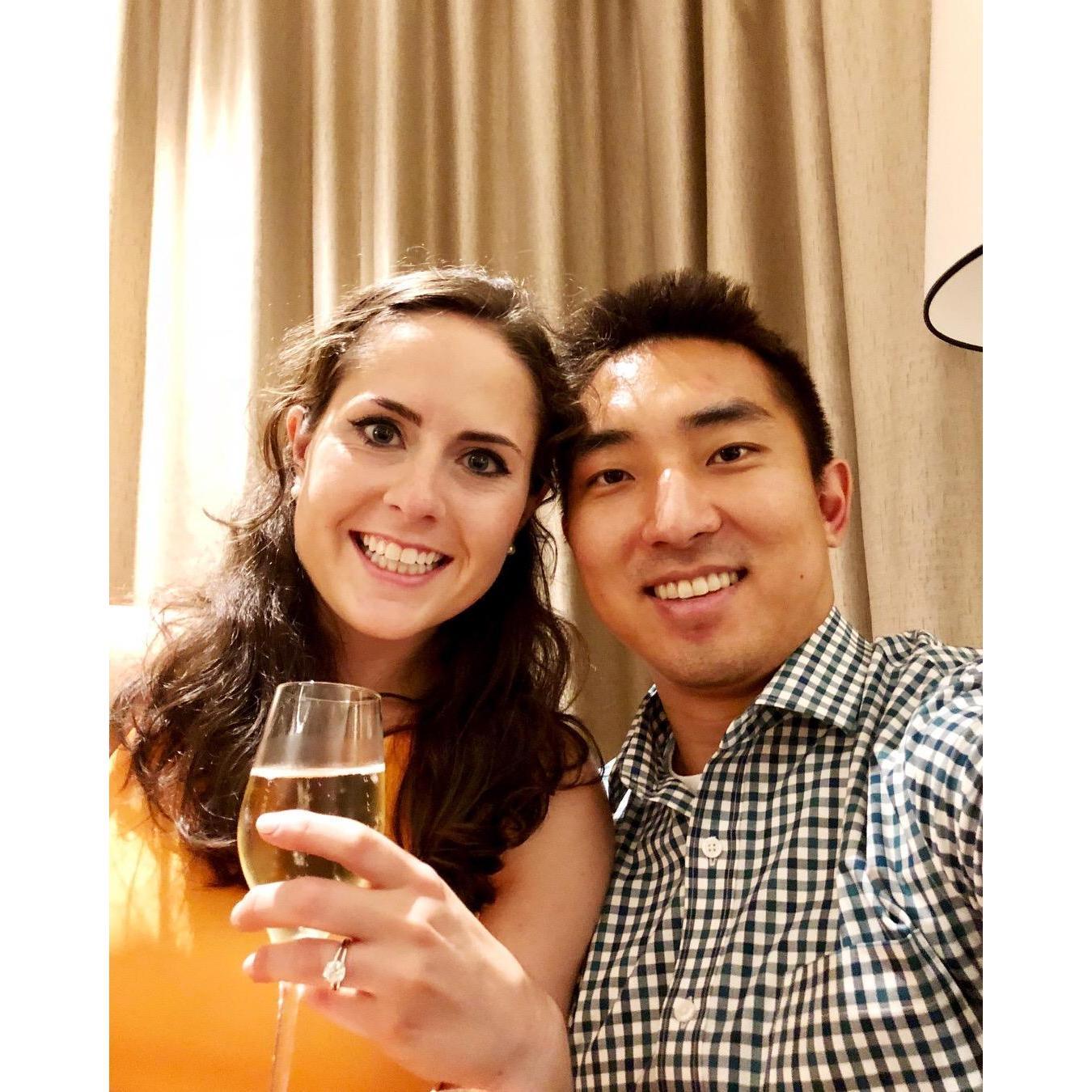 Enjoying celebratory champagne the night Brandon proposed! (August, 2018)