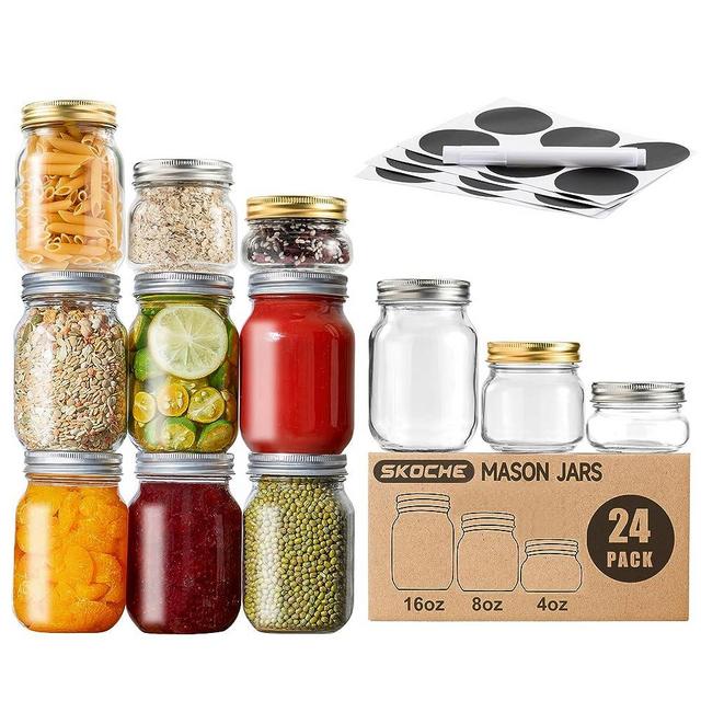 Skoche Mason Jars Variety Size Pack 24 Pack Canning Jars with Airtight Lids and Bands for Fermenting, Pickling, DIY Decor, Fruit Preserves, Jam or Jelly, Large 16 oz x 8, Small 8 oz x 8, Mini 4 oz x 8