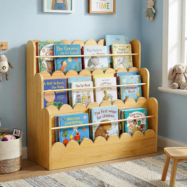 Amdermi Scalloped Design | 3-Tier Montessori Solid Wood Kids Bookcase | 29.6" Wide Toddler Storage Shelf | Easy Access Floor Display Furniture for Playroom/Nursery