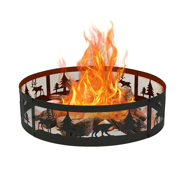 Red Mountain Valley 36 Inch Fire Pit Ring with 360° Forest & Wildlife Design, Portable Steel Wood Burning Firepit Ring for Outdoor Camping, Bonfires, Beach,Patio, fire Pit kit, Black