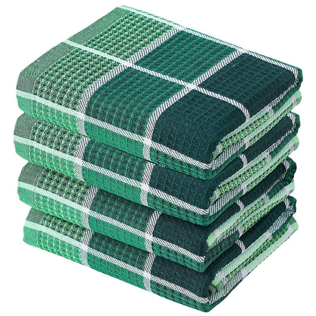 Fucibt Bright Large Kitchen Towels, 4-Pack, 16 Inch x 26 Inch Buffalo Check Dish Towels for Washing Drying Dishes, Colorful Waffle Design Tea Towel Bar Towel (Green)
