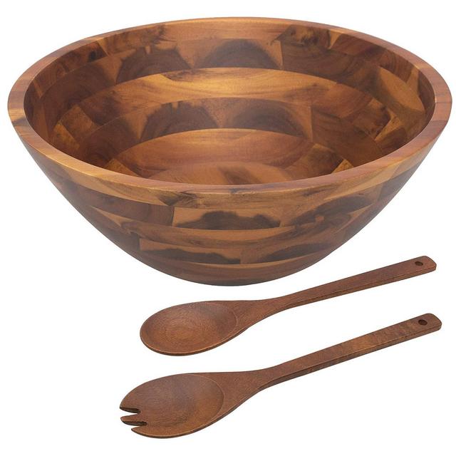 Acacia Wooden Salad Bowl Set - 12.5 Inches Hardwood with Servers Set Big Salad Bowls 3-Piece Set by AIDEA