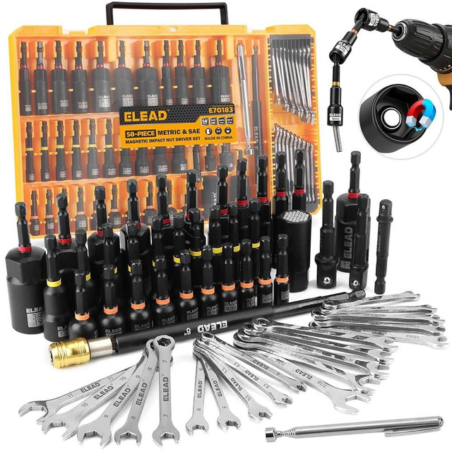 58-Piece Magnetic Impact Nut Driver Set, Metric & SAE Mini Combination Wrench Set, Impact Socket Adapter, 3LBS Magnetic Pickup Tool, Wing Nut Driver, Universal Socket, 1/4'' Quick-change Bit Extension