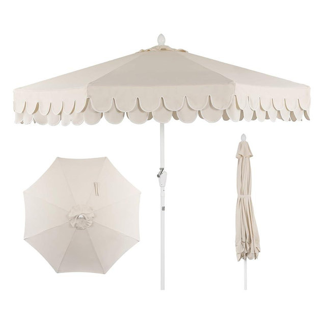 JONATHAN Y UMB1002C Tracy 9 ft. Classic MidCentury Scalloped Fringe Market Patio Umbrella with Auto-Tilt, Crank, Wind Vent and UV Protection in Cream/White