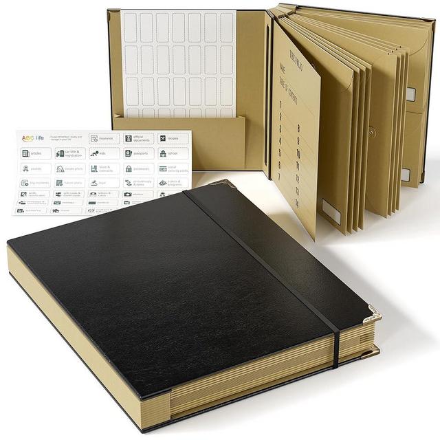 ABC life Folio Important Document Organizer, Customized Expanding File Folder for Important Papers, Letters, Birth Certificates, Emergency Binder, Photos, Passports, Black