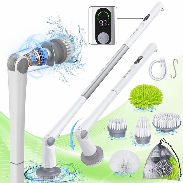Electric Spin Scrubber, 2024 Superior Cordless Scrubber with LED Display & 3 Angle Adjustment & Super Long Standby time, Shower Cleaning Brush with 5 Replaceable Heads for Bathroom & Kitchen