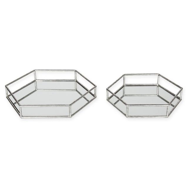 Kate and Laurel Felicia Mirrored Hexagonal Trays in Silver (Set of 2)