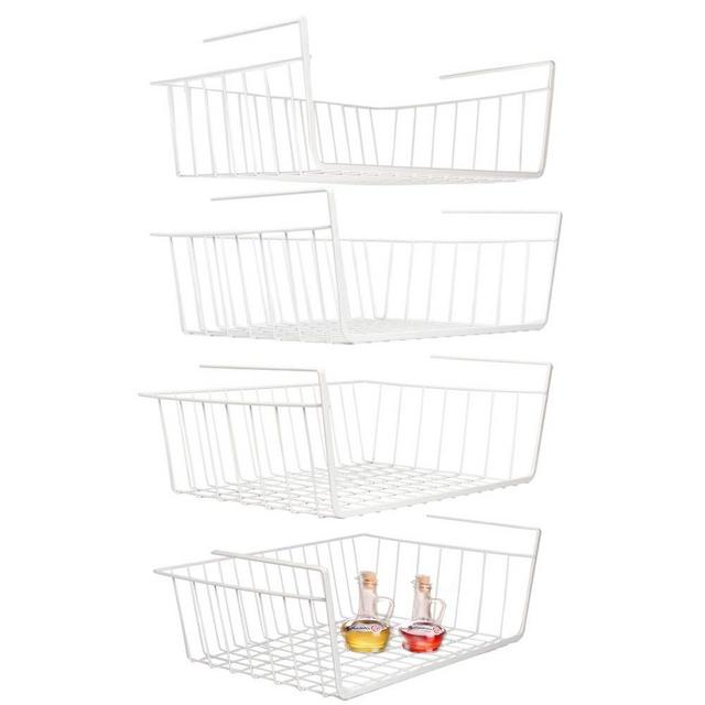 Under Shelf Basket, 4 Pack White Wire Rack, Slides Under Shelves for Storage Space on Kitchen Pantry Desk Bookshelf Cupboard