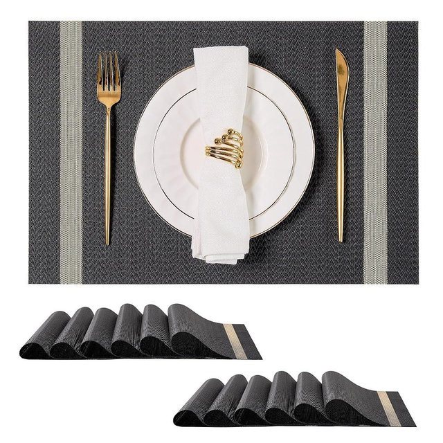 Leetaltree Sparkling Black Vinyl Woven Placemats Set of 12 - Washable Dining Table Place Mats Striped, Suitable for Wedding, Anniversary, Daily Use