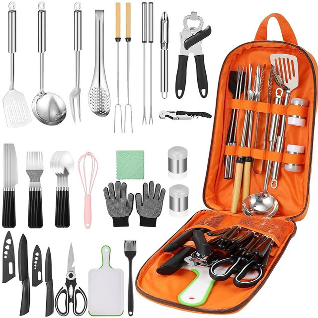 Hozzen Camping Cooking Utensils Set - All in 1 Camping Cooking Set Car Camping Essentials Gear for Camp Kitchen Cooking and Grilling, Ideal Gift for RV Tent Camper, Picnics, BBQs
