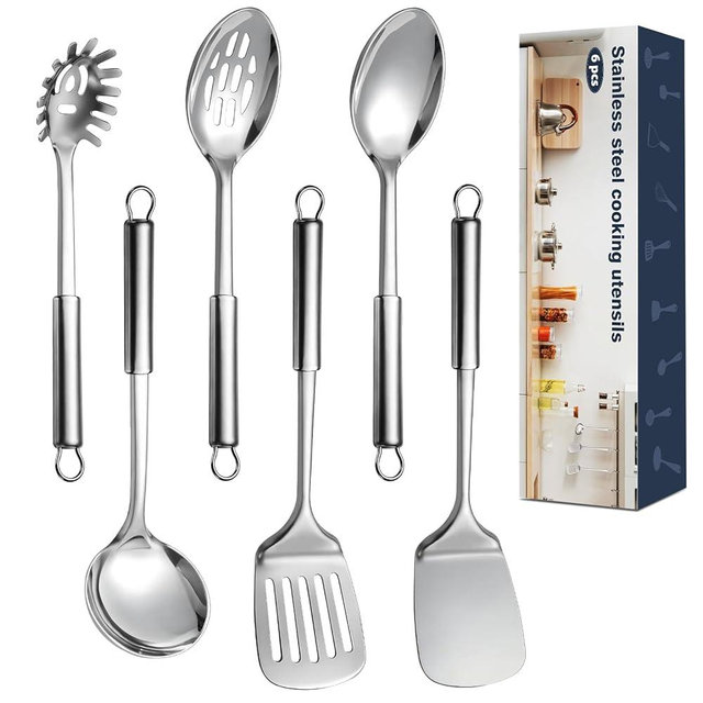 6 Pcs Cooking Utensils Set, Stainless Steel Kitchen Utensils, Heat Resistant Metal Kitchen Tools Include Solid & Slotted Turner Wok Spatula, Serving Spoon, Ladle, Pasta Server, Easy to Clean, Silver