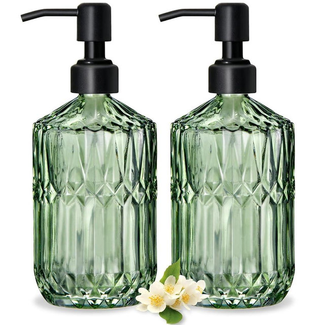 COHOSEGE 17 Oz Green Glass Kitchen Soap Dispenser for Dish Soap, 2 Pack Bathroom Soap Dispenser Set with Black Rust Proof Pump for Lotion, Hand soap or Body Wash