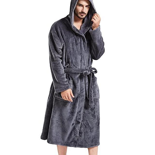 FashGudim Mens Hooded Robe Plush Shawl Collar Kimono Bathrobe Soft Warm Flannel Fleece Spa Robes House Coat Pajamas