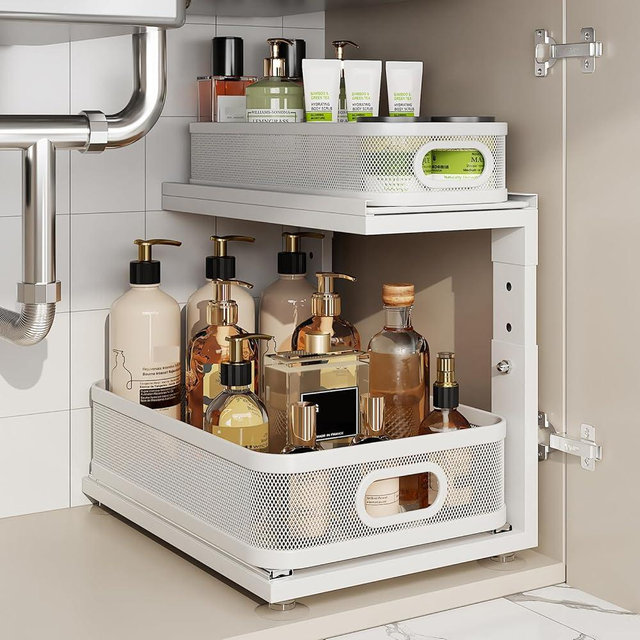 Corbyles 1 Pack 15IN-Depth Under Sink Organizer with Next-Gen Ball-Bearing Slides,2-Tier Precision Mesh Pull Out Cabinet Storage for Bathroom&Kitchen,Height Adjustable Drawers Shelf,Anti-Rust-White