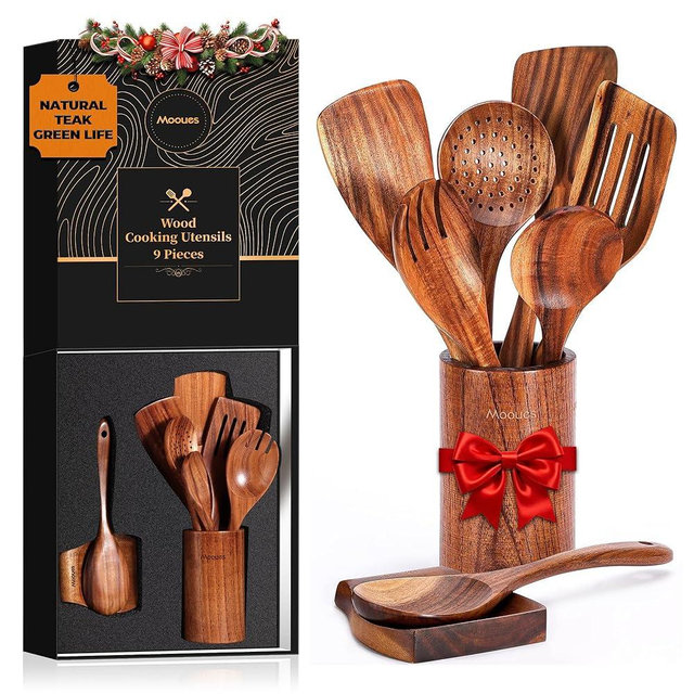 Mooues Wooden Spoons for Cooking, Wooden Utensils for Cooking Natural Teak Wooden Kitchen Utensils Set Comfort Grip(9 PCS SET GIFT BOX)