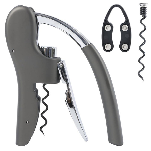 KAYCROWN Stainless Steel Wine Bottle Opener, Vertical Lever Corkscrew with Metal handle, Foil Cutter and Extra Spiral, Manual Handheld Corkscrew with Ergonomic Lever Pump(Grey)