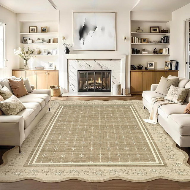 Garvee Scalloped Washable Rug 9x12 Rugs for Living Room Bedroom Non Slip Neutral Nursery Rug Modern Bordered Floral Mat Indoor Soft Non-Shedding Accent Carpet for Dining Room Kids Room Dorm Camel