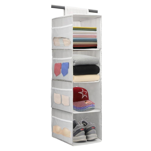 PetsHome 4-Shelf Hanging Closet Organizer, Space Saver, Closet Hanging Storage Shelves with Mesh Pockets & Magic Tap for Storage, Foldable-Grey