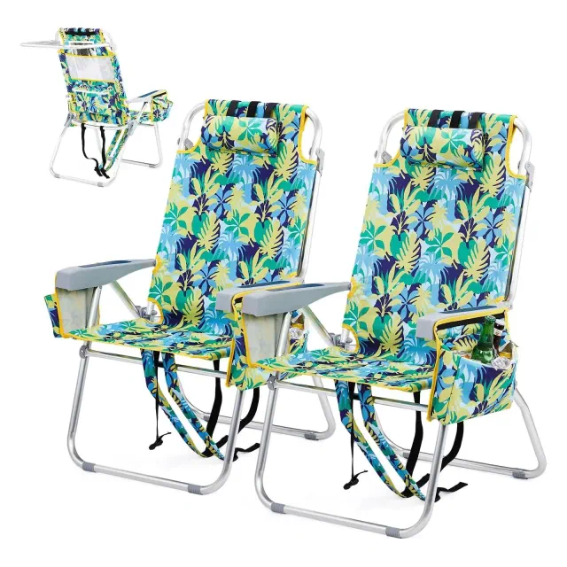 VINGLI Tall Beach Chair 2 Pack Lightweight, Backpack Beach Chair with 5-Position, Cooler Bag, Cup Holders, Towel Bar