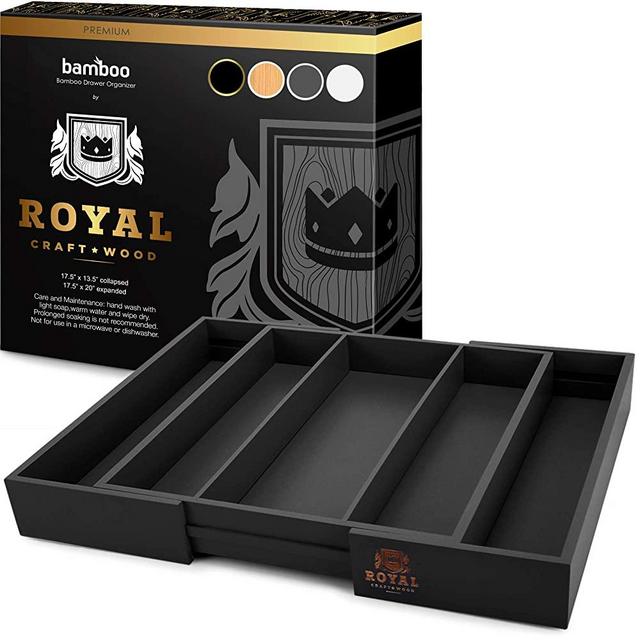 Bamboo Kitchen Drawer Organizer - Expandable Silverware Organizer/Utensil Holder and Cutlery Tray (Black)