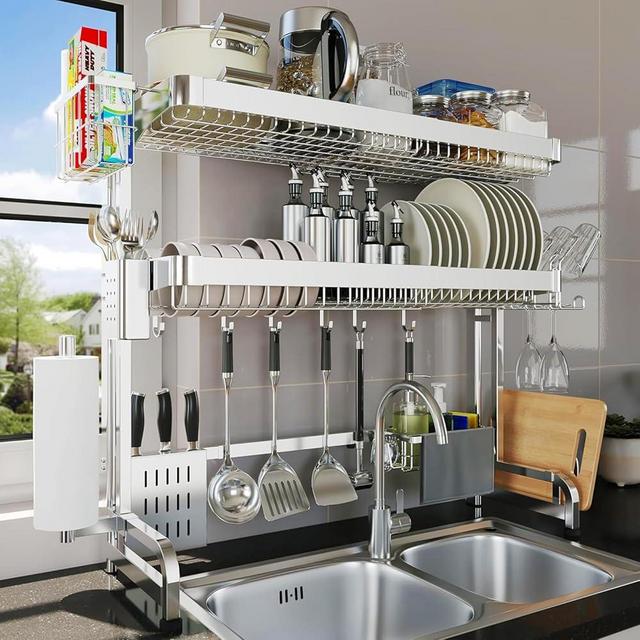LIVOD Over The Sink Dish Drying Rack, 3-Tier Over The Sink Dish Drainer Drying Rack Stainless Steel Adjustable (29.1''~37.4''), Dish Drying Rack Over The Sink Organizer with Utensil Holder