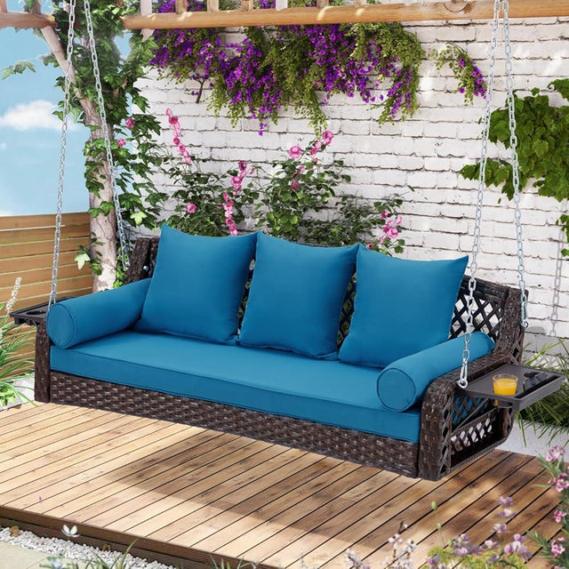 3 Seat Porch Swing, Wicker Patio Swing with Cup Holders & 3 Back Cushions, Yard Swing with Chains for Deck Garden Backyard,Brown Seagrass Rattan, Peacock Blue Cushion, 56-inch