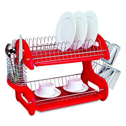 Home Basics Plastic 2-Tier Dish Drainer Rack, Air Drying and Organizing Dishes, Side Mounted Cutlery Holder, Red