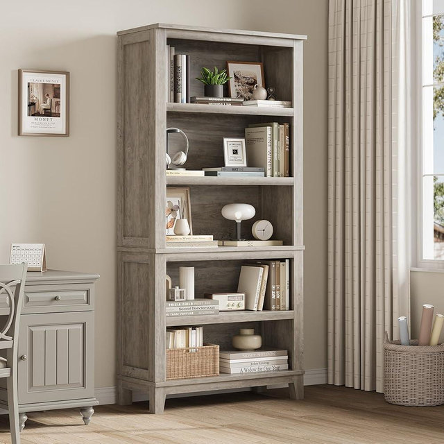 SLEKVERSA 71" Farmhouse Bookcase w/Adjustable Shelves & 31.5" Width, 5 Tier Tall Bookshelf with Wooden Legs, Rustic Vintage Book Shelf for Living Room Office Library (Gray)