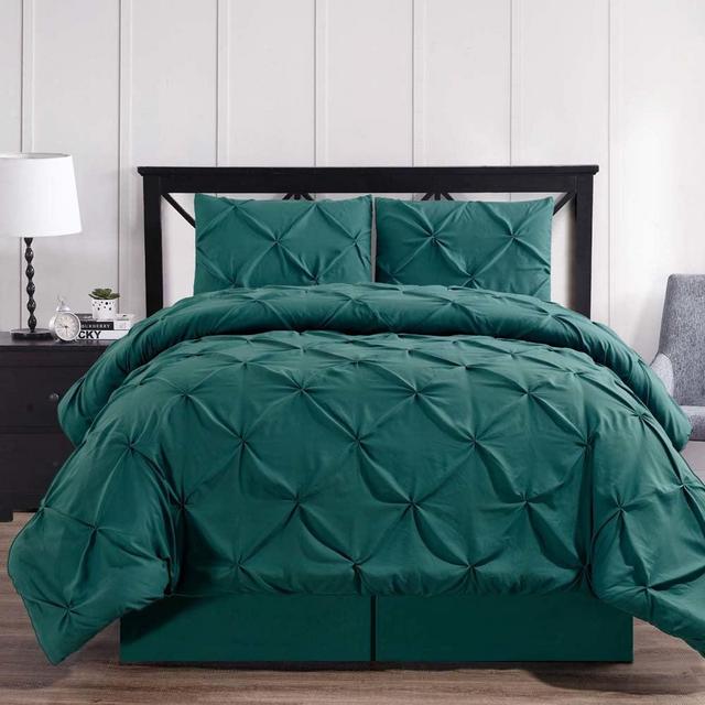 Luxury Oxford Pinch Pleated Down Alternative Comforter Set With Bed Skirt- Teal- Queen Size