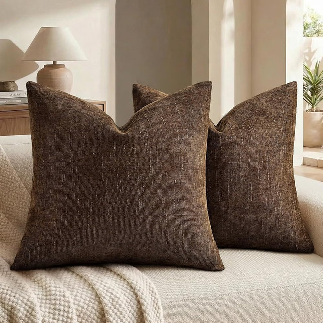 decorUhome Chenille Throw Pillow Covers 22x22 Set of 2, Square Decorative Pillow Covers with Zipper for Couch, Sofa, Living Room, Brown