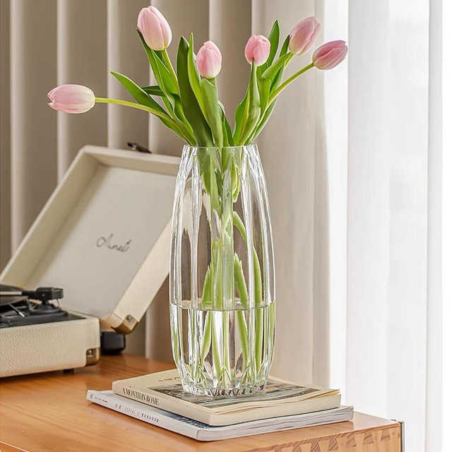 Flower Vase，Glass Vase，11 inch，GIDARY Thickened Clear Ribbed Glass Vase for Bookshelf,Dinner Table,Indoor Office Desktop,Meeting Room,Home Christmas Day Decoration