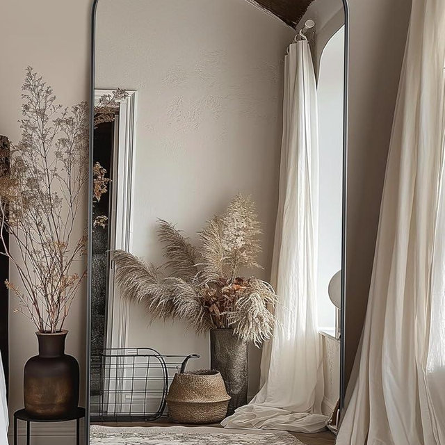 Antok Full Length Mirror, 71"x32" Floor Mirror Freestanding, Arched Floor Standing Large Mirror Full Body Mirror with Stand for Bedroom, Hanging Mounted Mirror for Living Room, Black