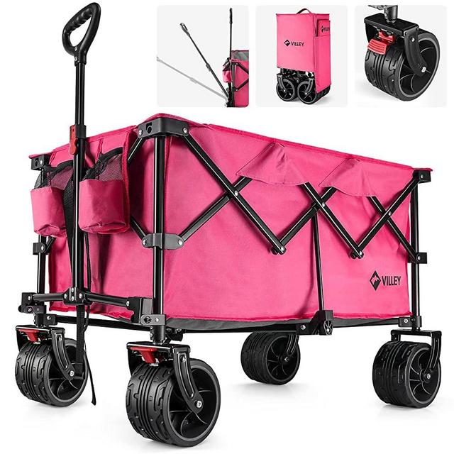 VILLEY Collapsible Folding Wagon with Big Wheels, All Terrain Beach Wagon Cart Heavy Duty Foldable for Sand, Enlarged 225lbs Capacity, Portable Utility Garden Cart with 2 Cup Holders and Brake, Pink