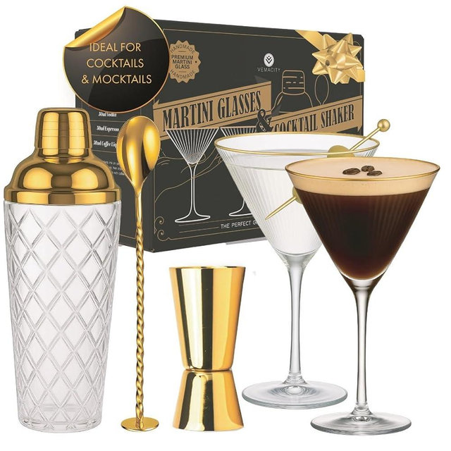 VEMACITY - Luxury Cocktail Shaker Set - Gold Glass Cocktail Shaker with Built-In Strainer + 2 Ribbed Espresso Martini Glasses with Gold Rims, Bar Spoon & Jigger | Ideal for Home Mixology