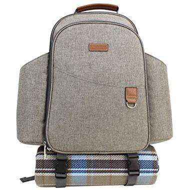 HappyPicnic Insulated Picnic Backpack for 2 Persons with Full Set of Tablewares, Roomy Cooler Compartment, Bottle Holders and Large Waterproof Picnic Rug (Brushed Khaki)