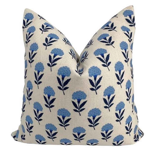 Jillien Harbor Charlotte Blockprint Pillow Cover Coastal Grandmillennial Style Blue & White