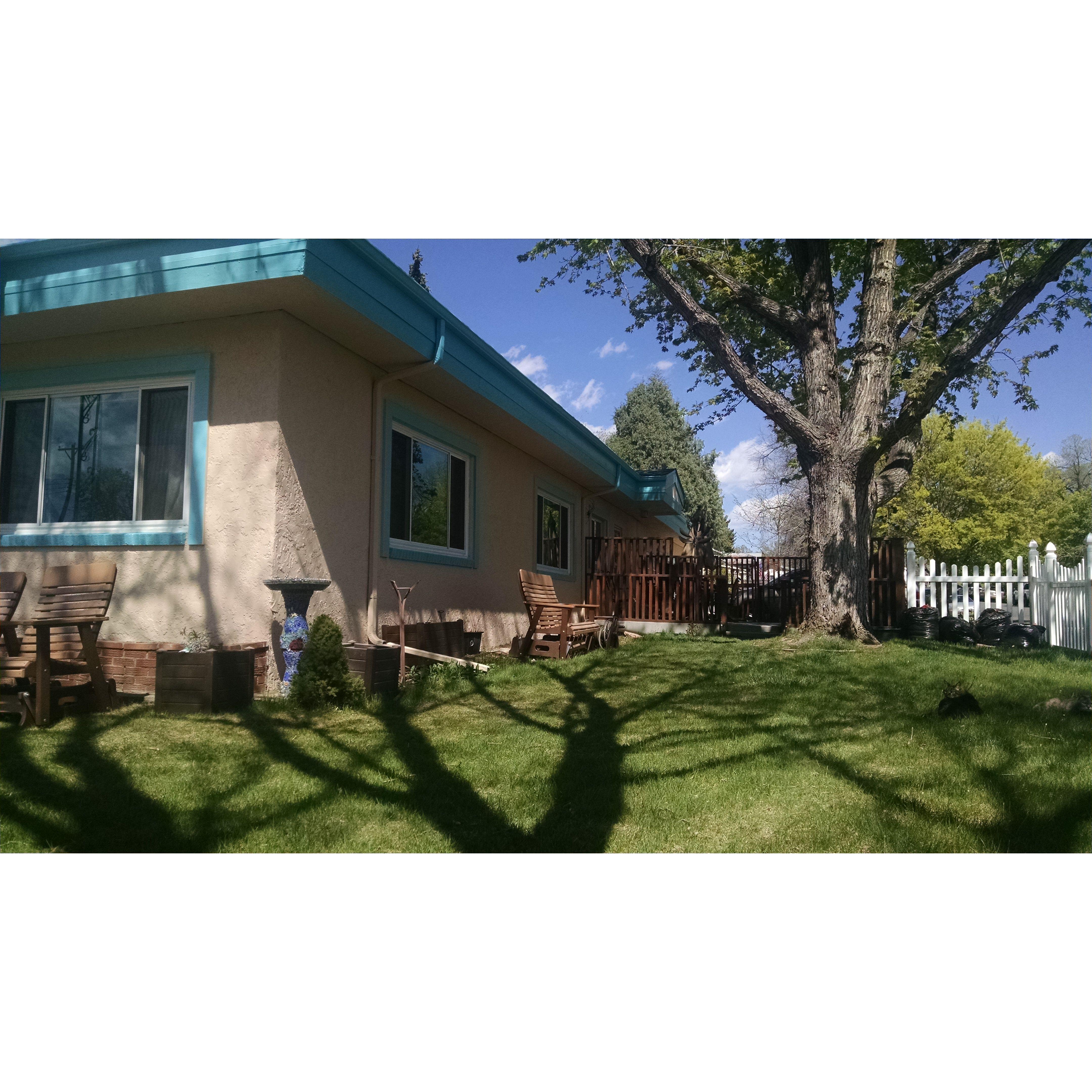 The Columbia side of the house. You can see the patio. Shaded by the Silver Maple all summer. It has a door into the kitchen. We use that one most.