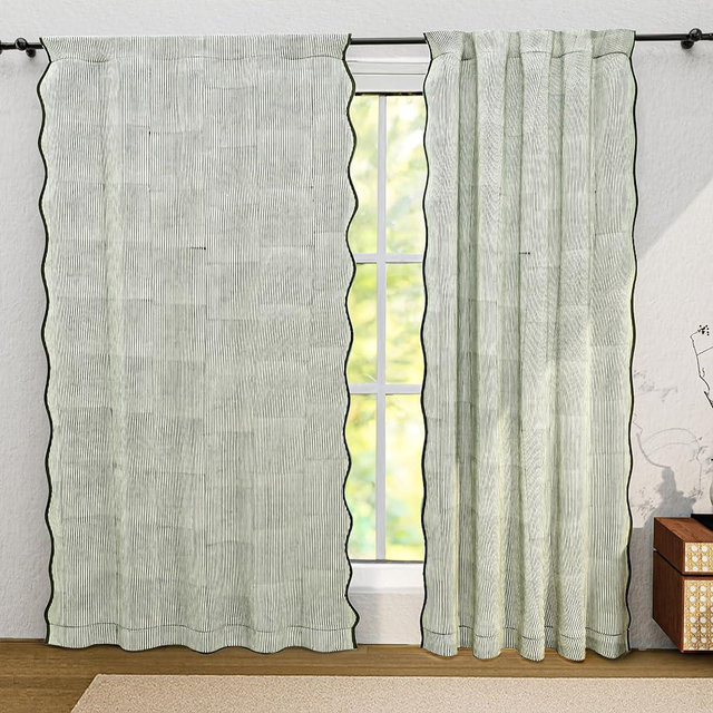 Ridhi Green Stripe Floral Cotton Scallop Curtains Pack of 1 84-Inch Pocket for The Rod Semi-Sheer Drapes for Living Room & Bedroom, Floral Patterned Farmhouse Boho French Country Window Panels