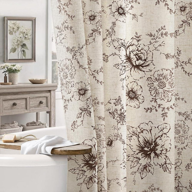 NDDYCU Farmhouse Floral Linen Shower Curtain, Vintage Brown Pattern Rustic Shower Curtains for Bathroom, Tan Taupe,72x72