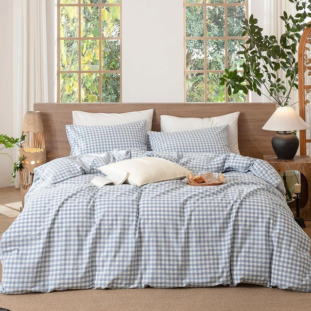 MooMee Gingham Duvet Cover Set 100% Washed Cotton Linen Like Textured Breathable Durable Soft Comfy Modern Checkered Design (Classic Gingham Cornflower Blue, King 104"x90")