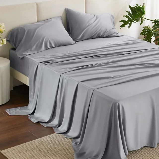 Rayon Derived from Bamboo Sheet Set 4 Pcs Silver Grey King Cooling & Moisture-Wicking Bedding with Deep Pockets