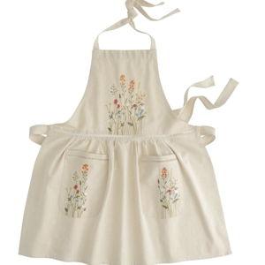 Natural Embroidered Floral Apron with Lace Trim - World Market